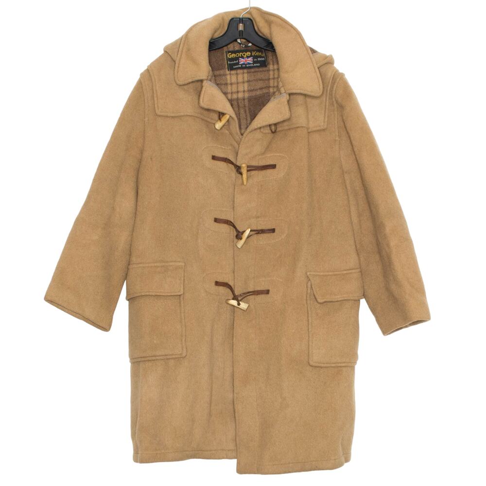 George Key Mens Coat Wool Horn Toggle Zip Removable Hood Brown Size 42 Large